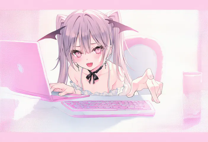 CG:趴在粉色电脑桌前兴奋地打字